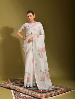 Odette - White Linen Designer Saree with Unstitched Blouse