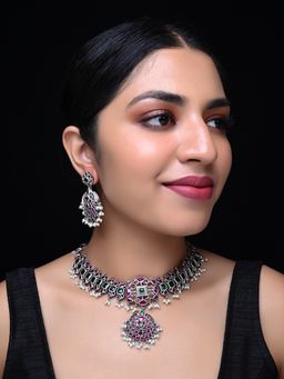 AG'S - Girjaa AGS Oxidised Necklace With Ruby Pink And Green Stone (Set of 2)