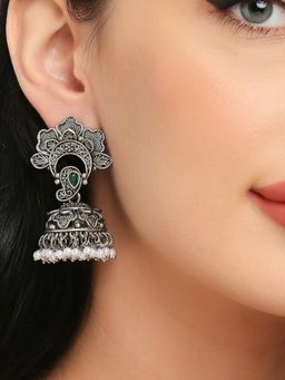 OOMPH - Jewellery Oxidised Silver Green Stone with Beads Floral Ethnic Jhumka Earrings