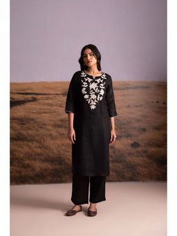 Bombay Bloom - Pure Hemp Applique Black Kurta and Pant (Set of 2)