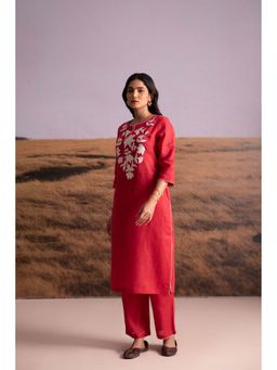 Bombay Bloom - Pure Hemp Applique Red Kurta Set (Set of 2)