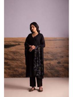 Bombay Bloom - Black Linen Kurta with Pant and Dupatta (Set of 3)