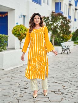 MOJILAA - Women's Yellow Viscose Rayon Vertical Stripes Straight Kurta