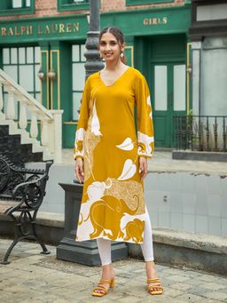 MOJILAA - Women's Yellow Viscose Rayon Printed Straight Kurta