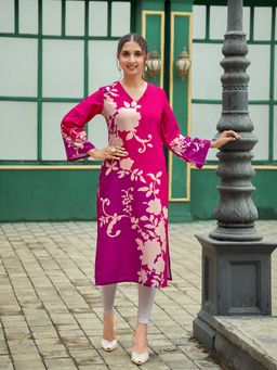 MOJILAA - Women's Multicolor Viscose Rayon Floral Printed Straight Kurta