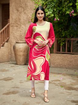 MOJILAA - Women's Red Viscose Rayon Printed Straight Kurta