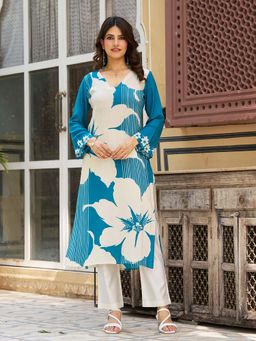 MOJILAA - Women's Blue Viscose Rayon Floral Printed Straight Kurta