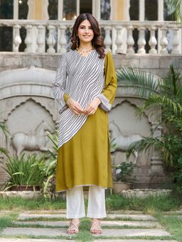 MOJILAA - Women's Olive Viscose Rayon Stripes Printed Straight Kurta
