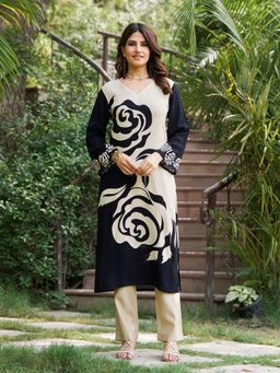 MOJILAA - Women's Navy Blue Viscose Rayon Botanical Printed Straight Kurta