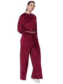 Fitkin - Women Maroon Velvet Relaxed Fit Loose Pants Tracksuit (Set of 2)