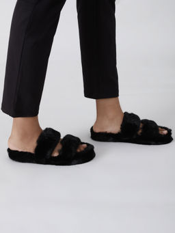 Twenty Dresses by Nykaa Fashion - Black Add Some Cuteness Fur Slippers