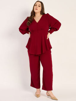 Femmella - Deep Red Crinkle V-Neck Co-Ord (Set of 2)