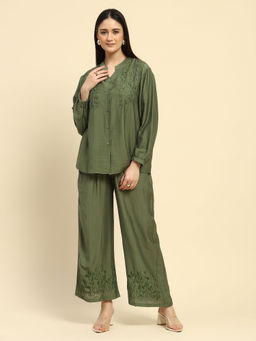 Global Republic - Women Rayon Blend Embroidery Mandarin Collar Full Sleeves Co-Ord (Set of 2)