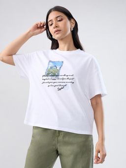 Spykar - White Typography Oversized Fit T-shirt