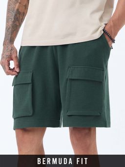 The Souled Store - Textured Waffle-Knit Cargo Shorts- Green
