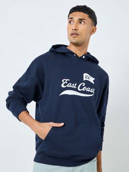 Styli - Men Oversized Front Printed Heavy Fleece Hoodie - Navy Blue