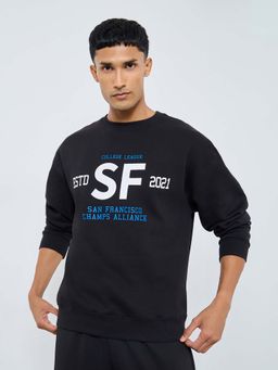Styli - Men Boxy Fit Front Chest Printed Fleece Sweatshirt - Black