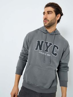 Styli - Men Oversized Fit Earth Friendly Embroidered Fleece Hoodie - Grey