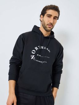 Styli - Men Oversized Fit Earth Friendly Puff Printed Fleece Hoodie - Black
