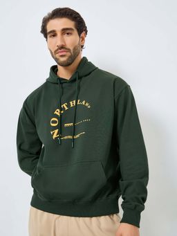Styli - Men Oversized Fit Earth Friendly Puff Printed Fleece Hoodie - Green
