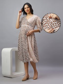 Mamma's Maternity - Brown Rayon Floral Maternity Dress with Belt