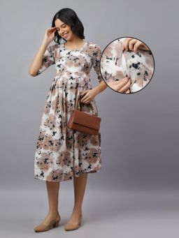 Mamma's Maternity - Brown Cotton Blend Printed Maternity Dress