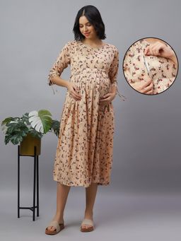 Mamma's Maternity - Cream Rayon Printed Maternity Dress