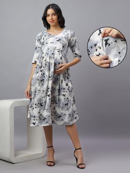 Mamma's Maternity - Gray Cotton Blend Printed Maternity Dress