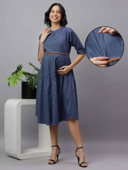 Mamma's Maternity - Light Blue Denim Solid Maternity Dress with Belt