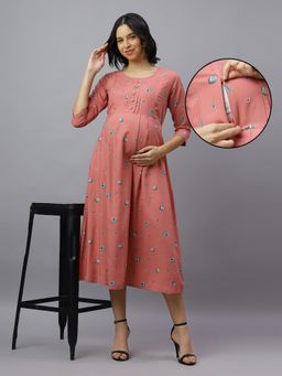 Mamma's Maternity - Peach Rayon Printed Maternity Dress
