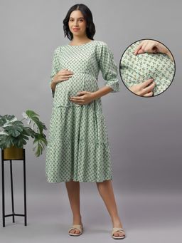 Mamma's Maternity - Tea Green Rayon Printed Maternity Dress