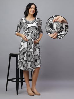 Mamma's Maternity - White Black Cotton Blend Printed Maternity Dress