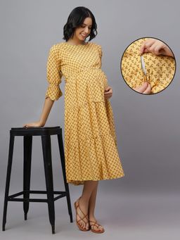 Mamma's Maternity - Yellow Rayon Printed Maternity Dress