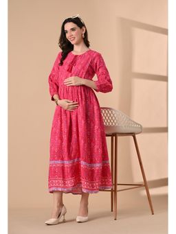 Aaruvi Ruchi Verma - Pink Ethnic Printed Maternity Midi Dress
