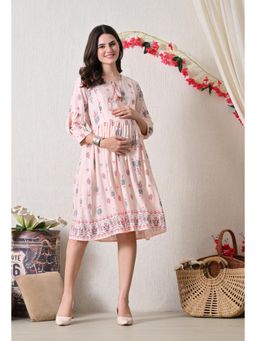 Aaruvi Ruchi Verma - Pink Floral Printed Knee-Length Rayon Maternity Dress