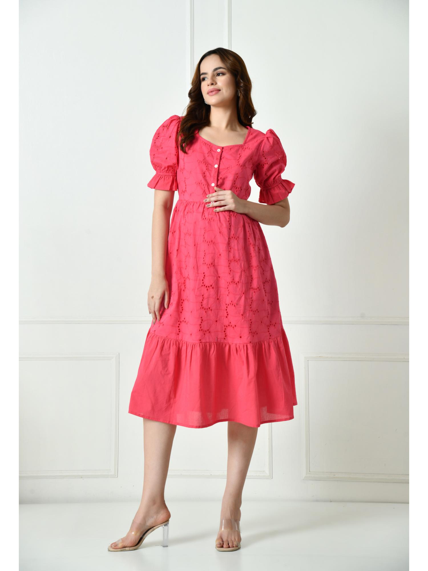 Pink Schiffli Embroidered Cotton Maternity A-Line Dress-picture-41
