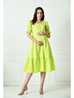 Aaruvi Ruchi Verma - Lime Green Schiffli Embroidered Cotton Empire Maternity Dress