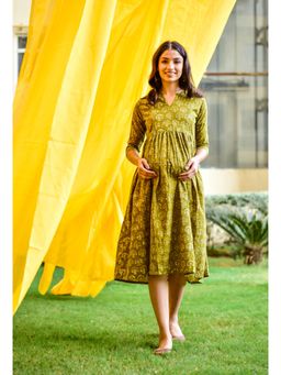 CRAFIQA - Olive Green Booti Cotton Maternity & Nursing Dress