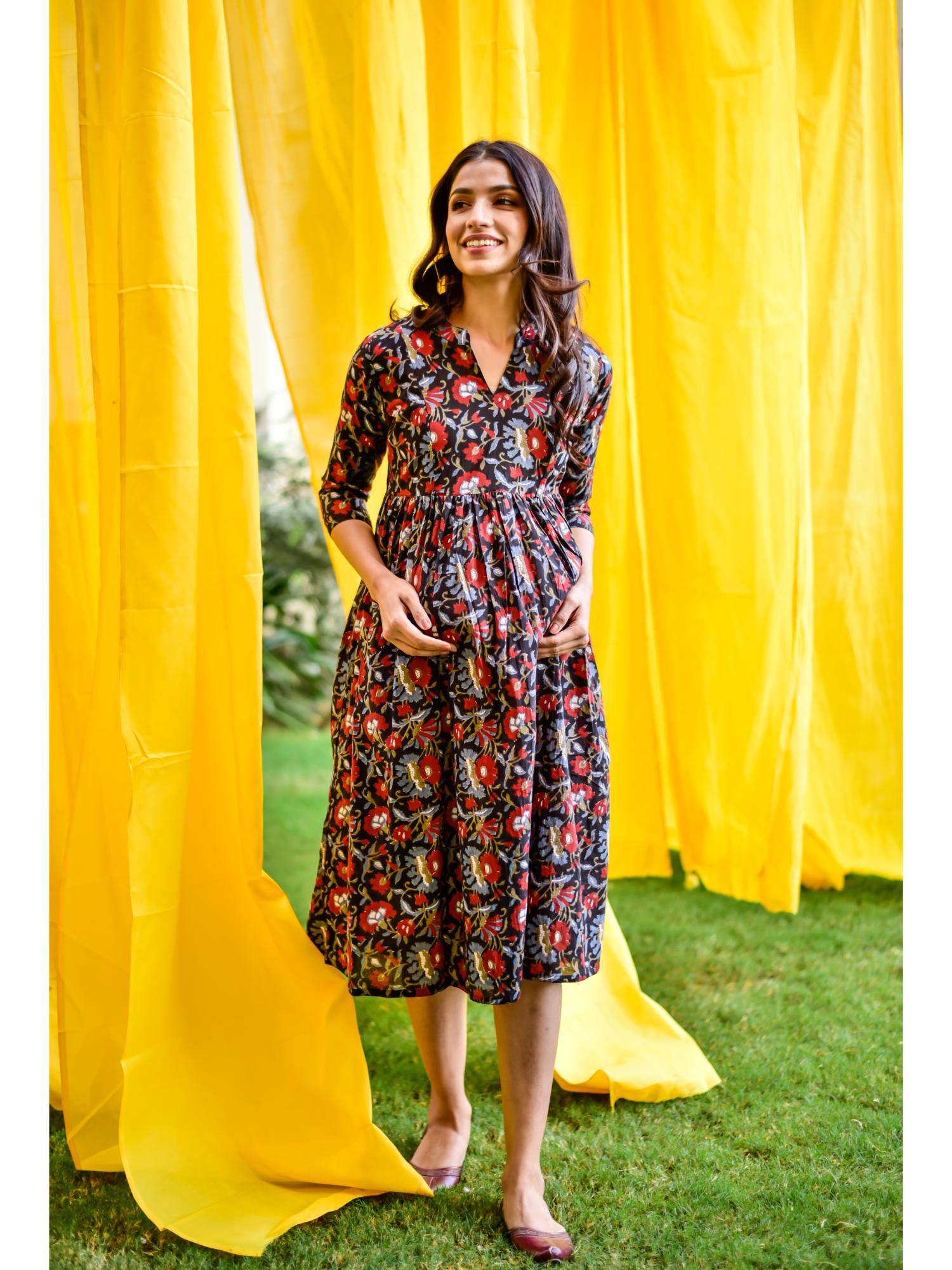 crafiqa Midnight Floral Cotton Maternity & Nursing Dress-picture-11