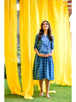 CRAFIQA - Sapphire Bluel Cotton Maternity & Nursing Dress