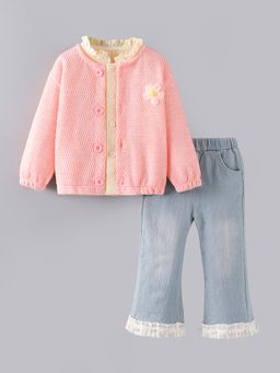 Hopscotch - 2-Pc Floral Cardigan with Top and Ruffle Trim Jeans