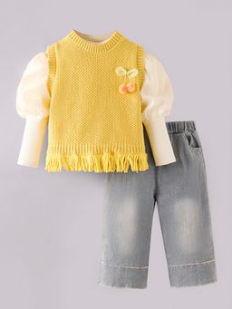 Hopscotch - 3-Pc Cherry Waistcoat and Top Fringe Hem Jeans