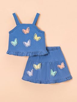 Hopscotch - 2-Pc Butterfly Applique Denim Top and Skirt
