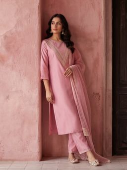 Jaipur Kurti - Women Pink Embroidered Kurta Pant and Dupatta (2XL)