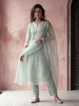 Jaipur Kurti - Women Green Embroidered Kurta Pant and Dupatta