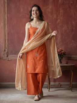 Jaipur Kurti - Women Orange Embroidered Kurta Pant and Dupatta