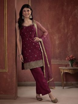 Jaipur Kurti - Women Wine Embroidered Kurta Pant and Dupatta