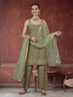 Jaipur Kurti - Women Olive Embroidered Kurta Pant and Dupatta
