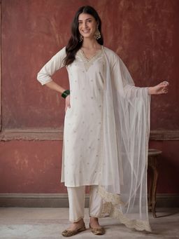 Jaipur Kurti - Women Off White Embroidered Kurta Pant and Dupatta