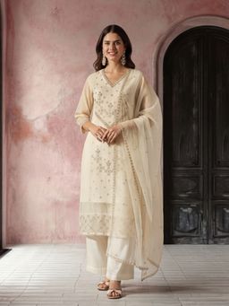 Jaipur Kurti - Women Off White Embroidered Kurta Pant and Dupatta